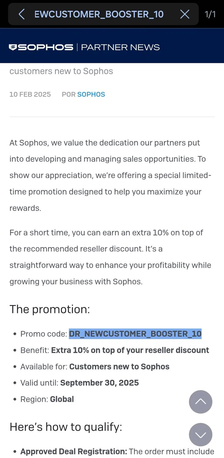 Sophos promo code screenshot showing code DR_NEWCUSTOMER_BOOSTER_10 applied at Sophos checkout page. Uploaded by SimplyCodes community member Weknd557 on Nov 20, 2025