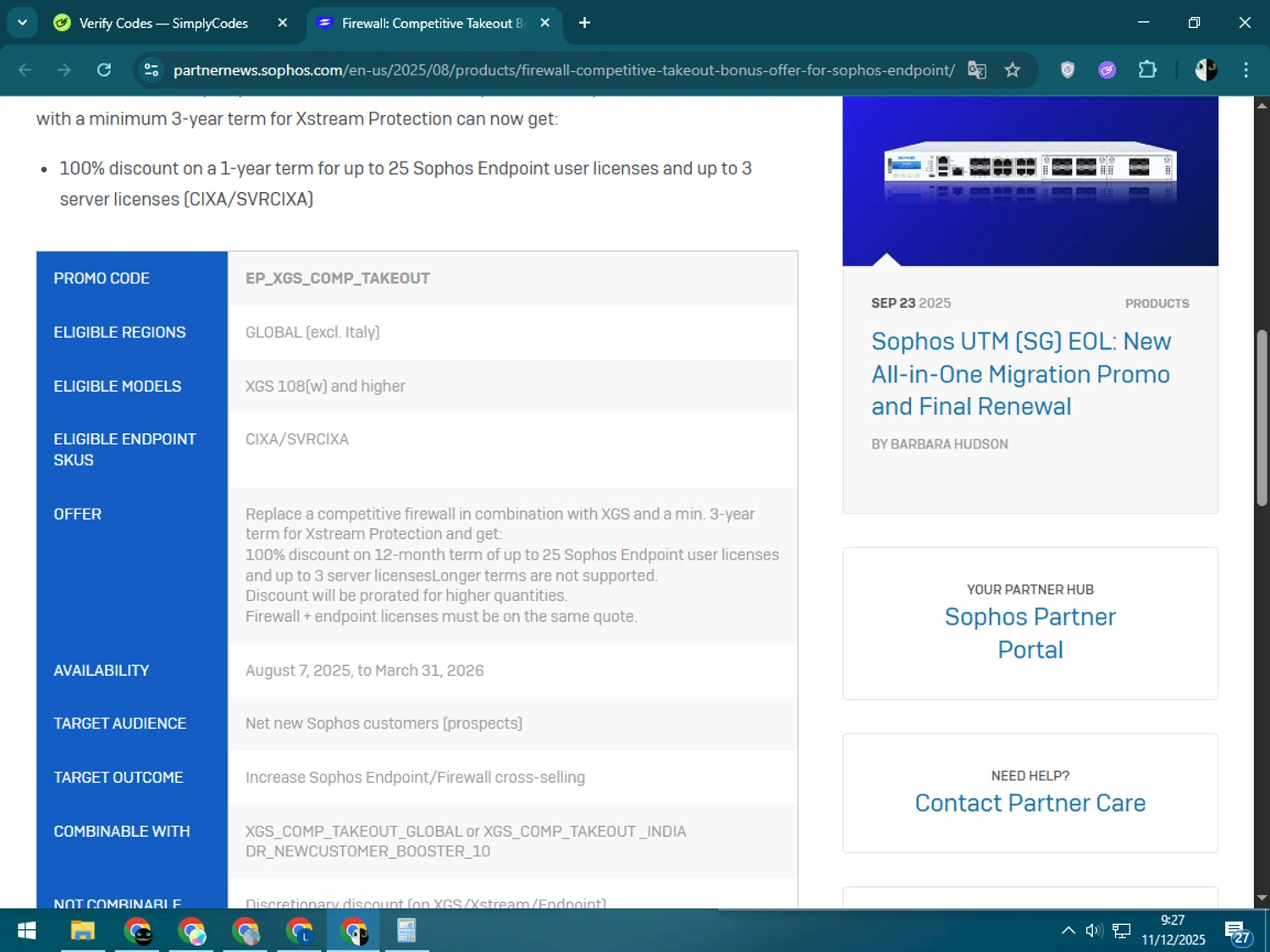 Sophos promo code screenshot showing code EP_XGS_COMP_TAKEOUT applied at Sophos checkout page. Uploaded by SimplyCodes community member CleverSage9163 on Dec 11, 2025