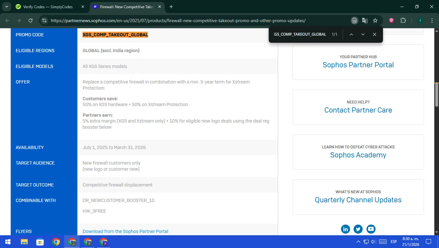 Sophos promo code screenshot showing code XGS_COMP_TAKEOUT_GLOBAL applied at Sophos checkout page. Uploaded by SimplyCodes community member rodri1 on Jan 21, 2026