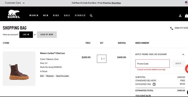 SOREL checkout page showing SOREL discount code box | Screenshot taken by SimplyCodes community member on Sep 27, 2023