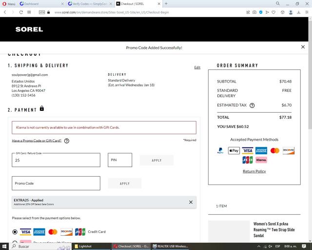 SOREL checkout page showing SOREL discount code box | Screenshot taken by SimplyCodes community member on Jan 10, 2023