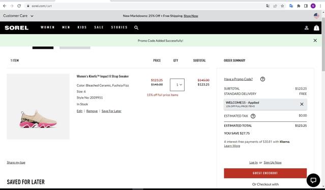 SOREL checkout page showing SOREL discount code box | Screenshot taken by SimplyCodes community member on Jun 3, 2023