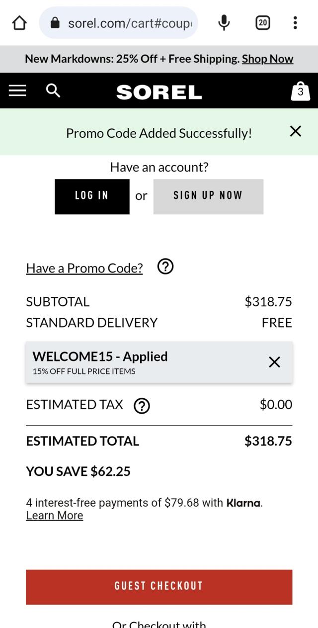 SOREL checkout page showing SOREL discount code box | Screenshot taken by SimplyCodes community member on Jun 18, 2023