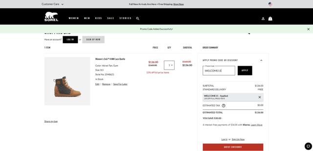 SOREL checkout page showing SOREL discount code box | Screenshot taken by SimplyCodes community member on Oct 26, 2023