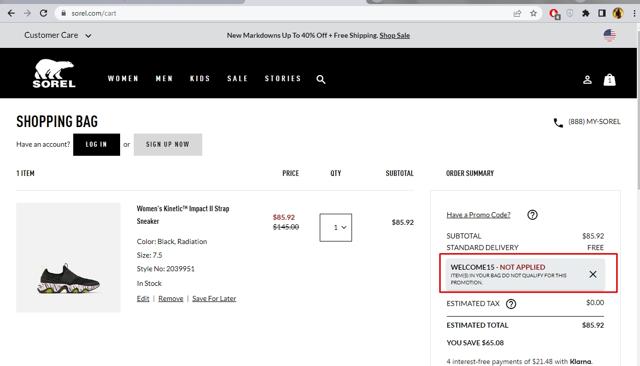 SOREL checkout page showing SOREL discount code box | Screenshot taken by SimplyCodes community member on Jul 28, 2023