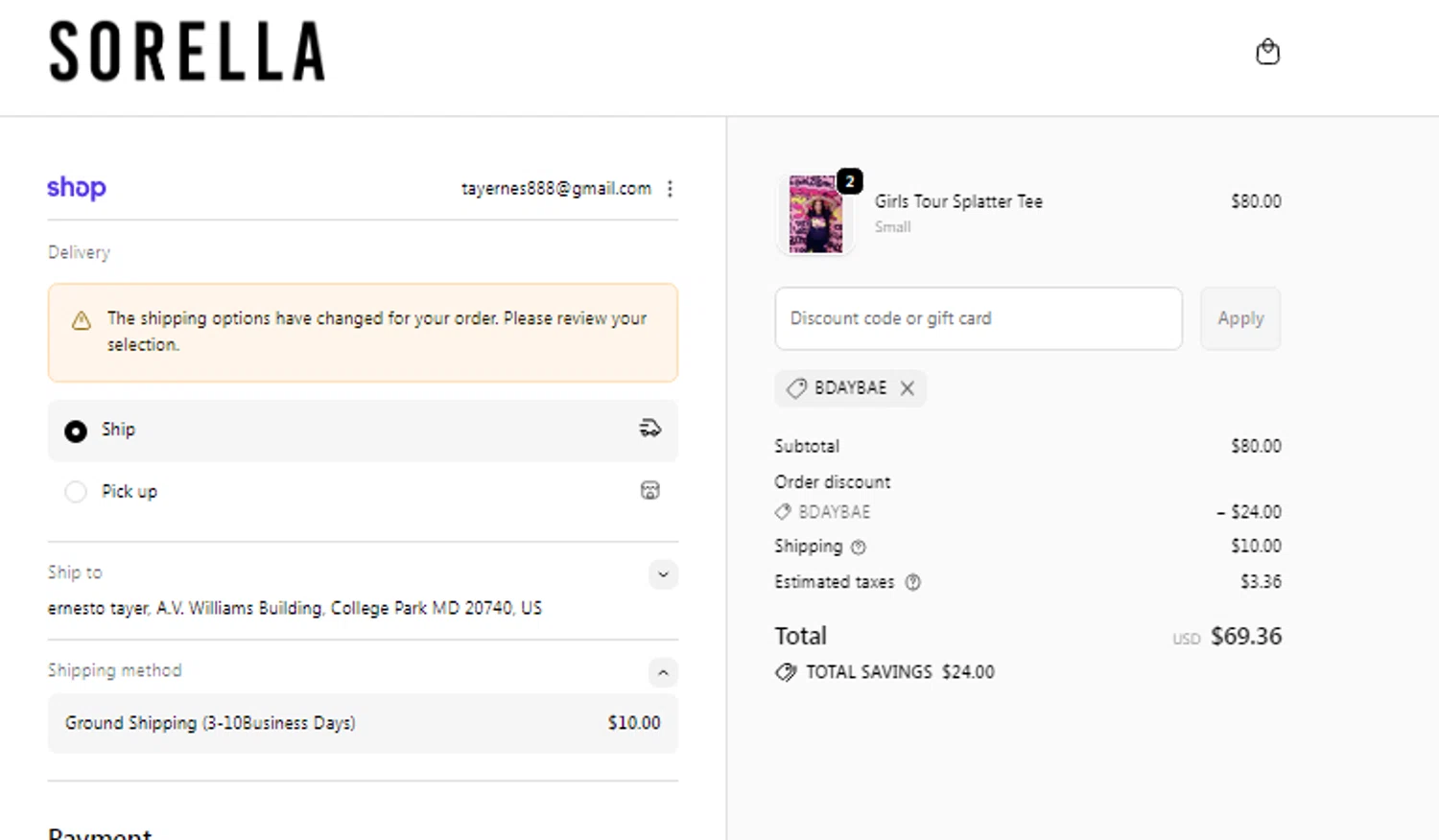 Sorella promo code screenshot showing code BDAYBAE applied at Sorella checkout page. Uploaded by SimplyCodes community member Braun007 on Jan 3, 2026