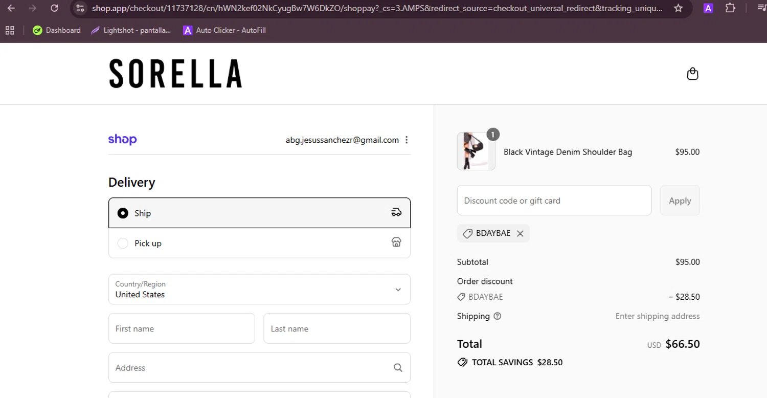 Sorella promo code screenshot showing code BDAYBAE applied at Sorella checkout page. Uploaded by SimplyCodes community member RebateFalcon3172 on Sep 8, 2025