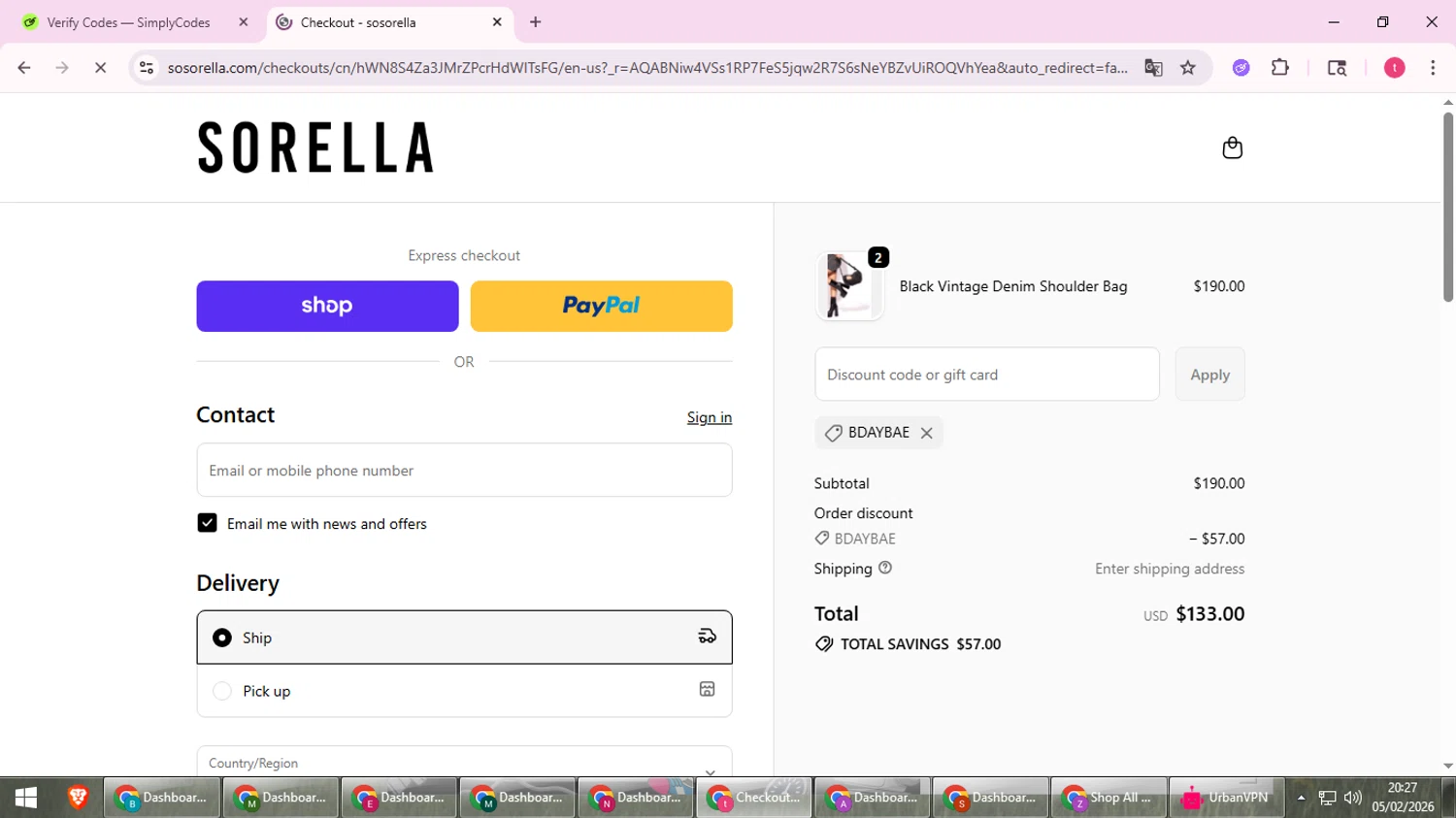 Sorella checkout page showing Sorella promo code box | Screenshot taken by SimplyCodes community member on Feb 6, 2026