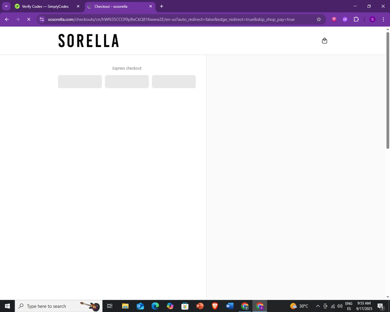 Sorella promo code screenshot showing code BAGITUP applied at Sorella checkout page. Uploaded by SimplyCodes community member CleverWarden9139 on Sep 17, 2025