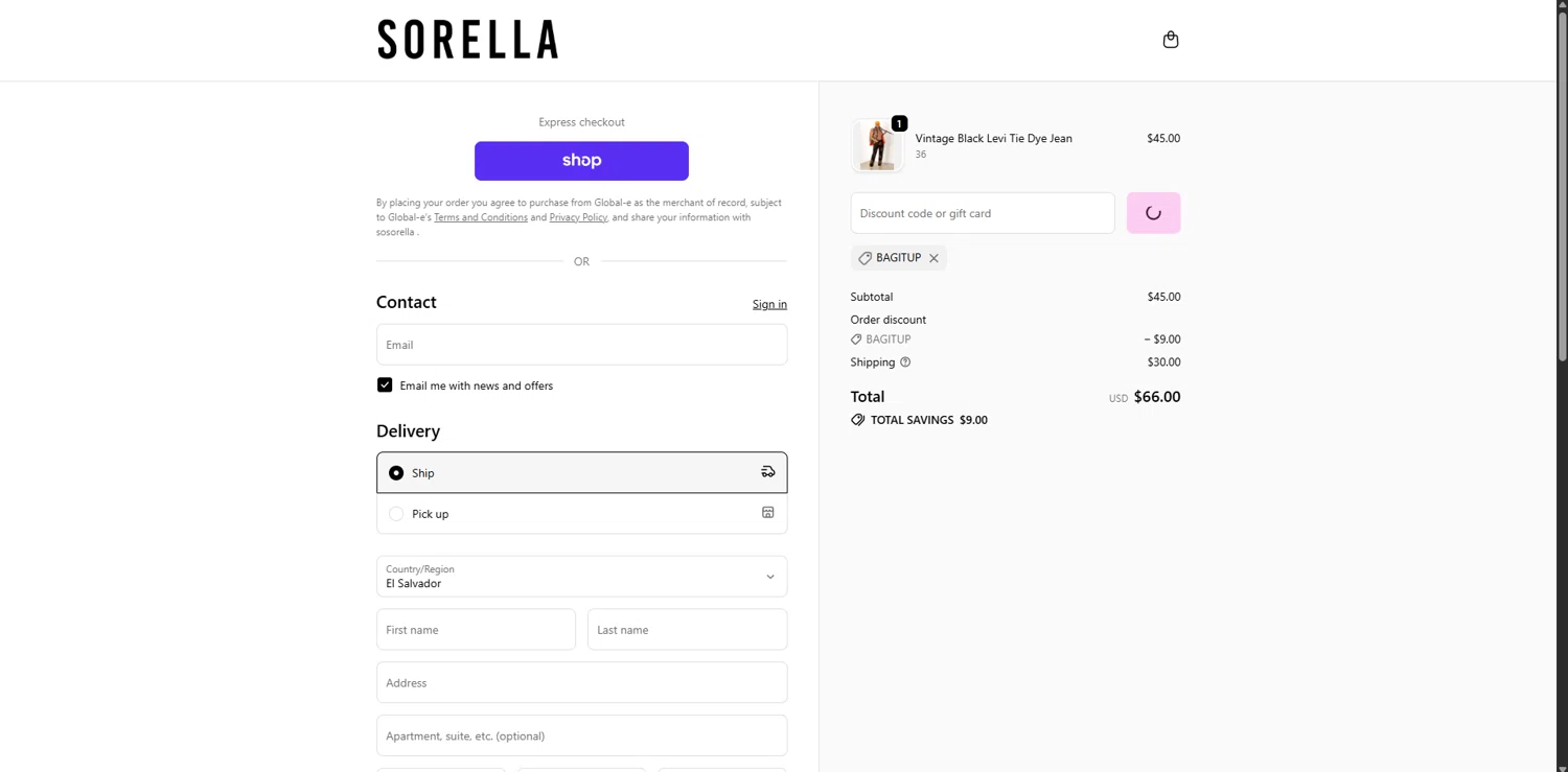 Sorella checkout page showing Sorella promo code box | Screenshot taken by SimplyCodes community member on Feb 10, 2026