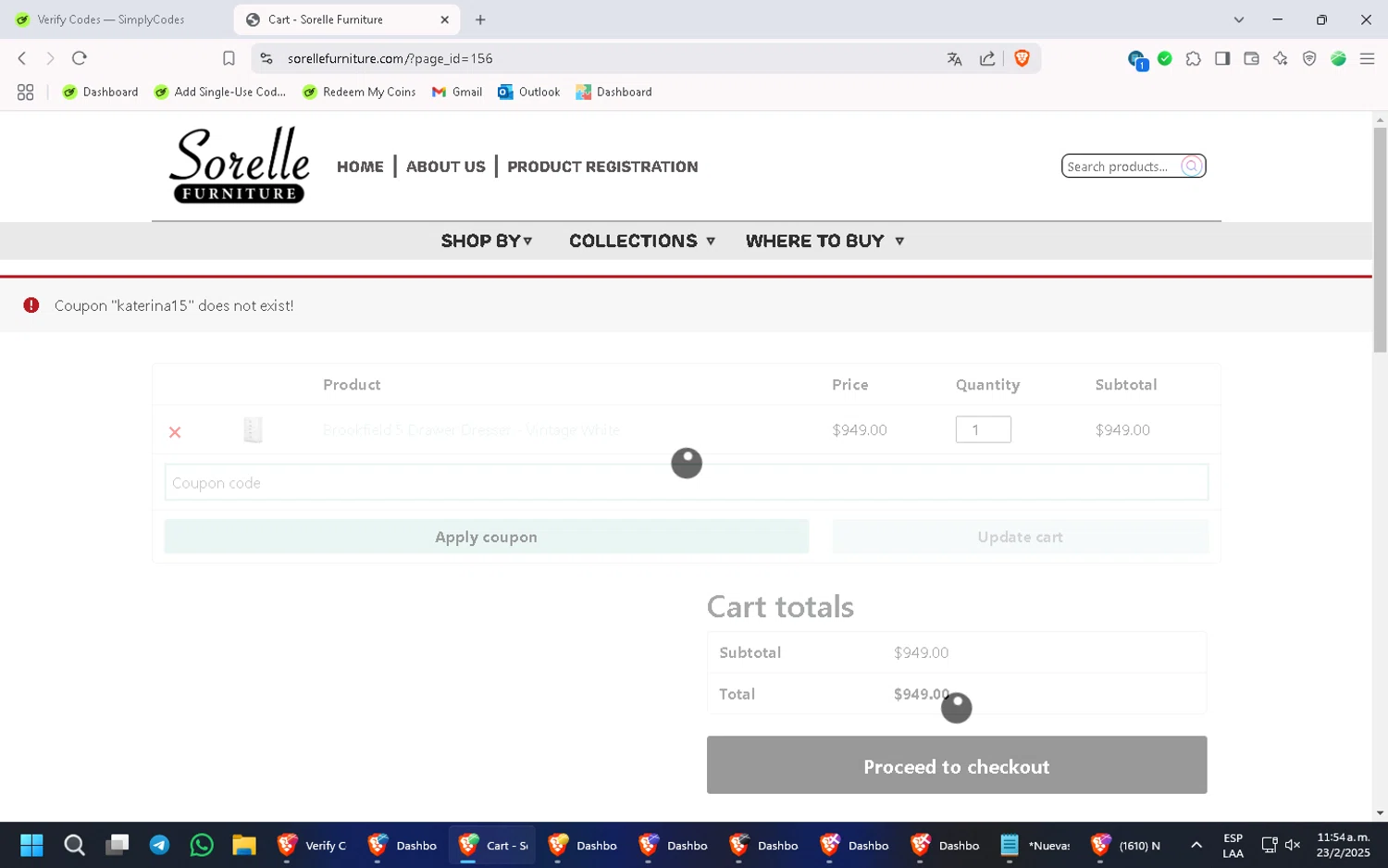 Sorelle discount code screenshot showing code KATERINA15 applied at Sorelle checkout page. Uploaded by SimplyCodes community member PennyMonarch4540 on Feb 23, 2025