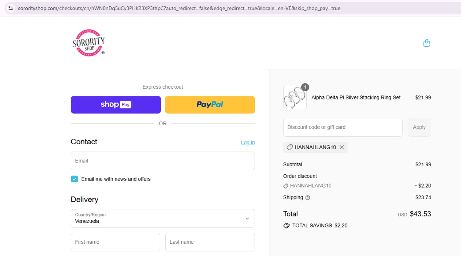 Sorority Shop promo code screenshot showing code HANNAHLANG10 applied at Sorority Shop checkout page. Uploaded by SimplyCodes community member Samu10 on Jul 19, 2025