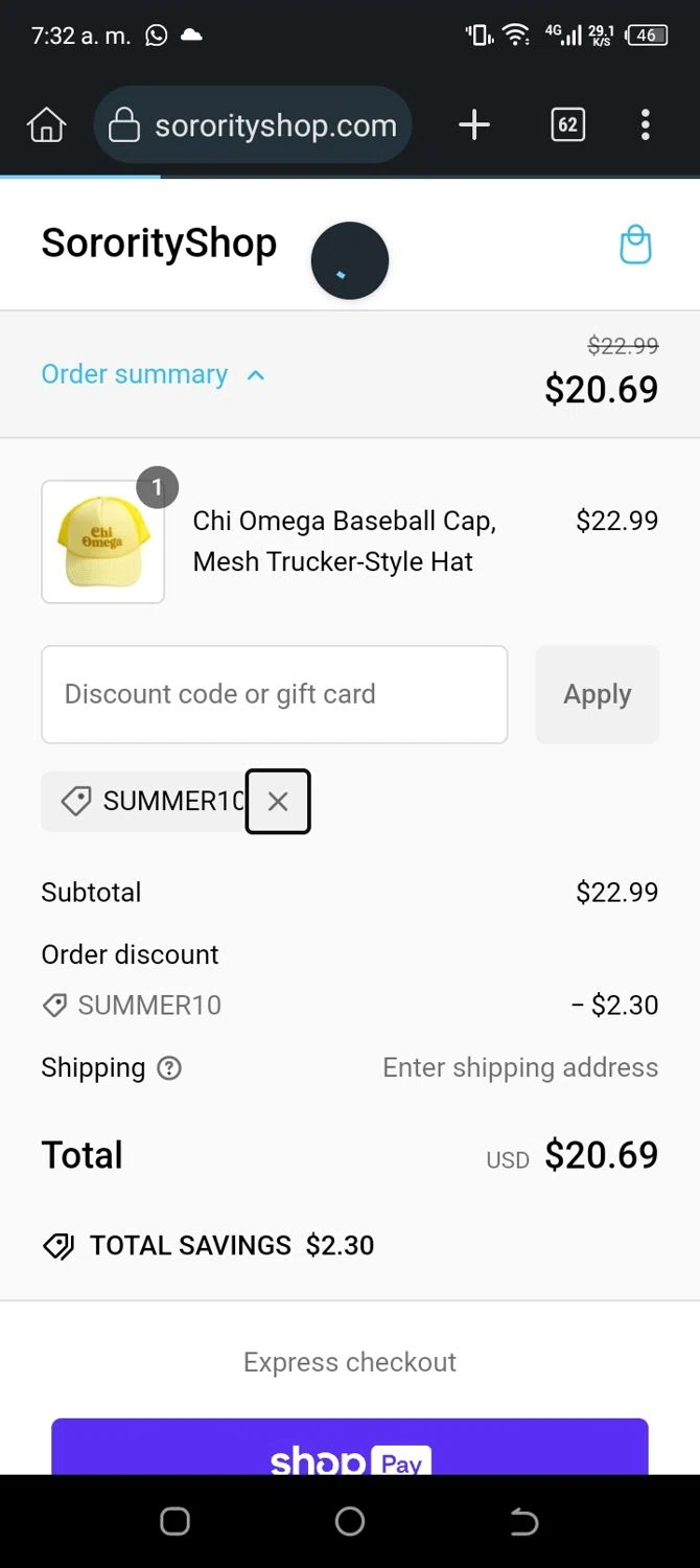 Sorority Shop promo code screenshot showing code SUMMER10 applied at Sorority Shop checkout page. Uploaded by SimplyCodes community member Chinita04 on Jan 13, 2025