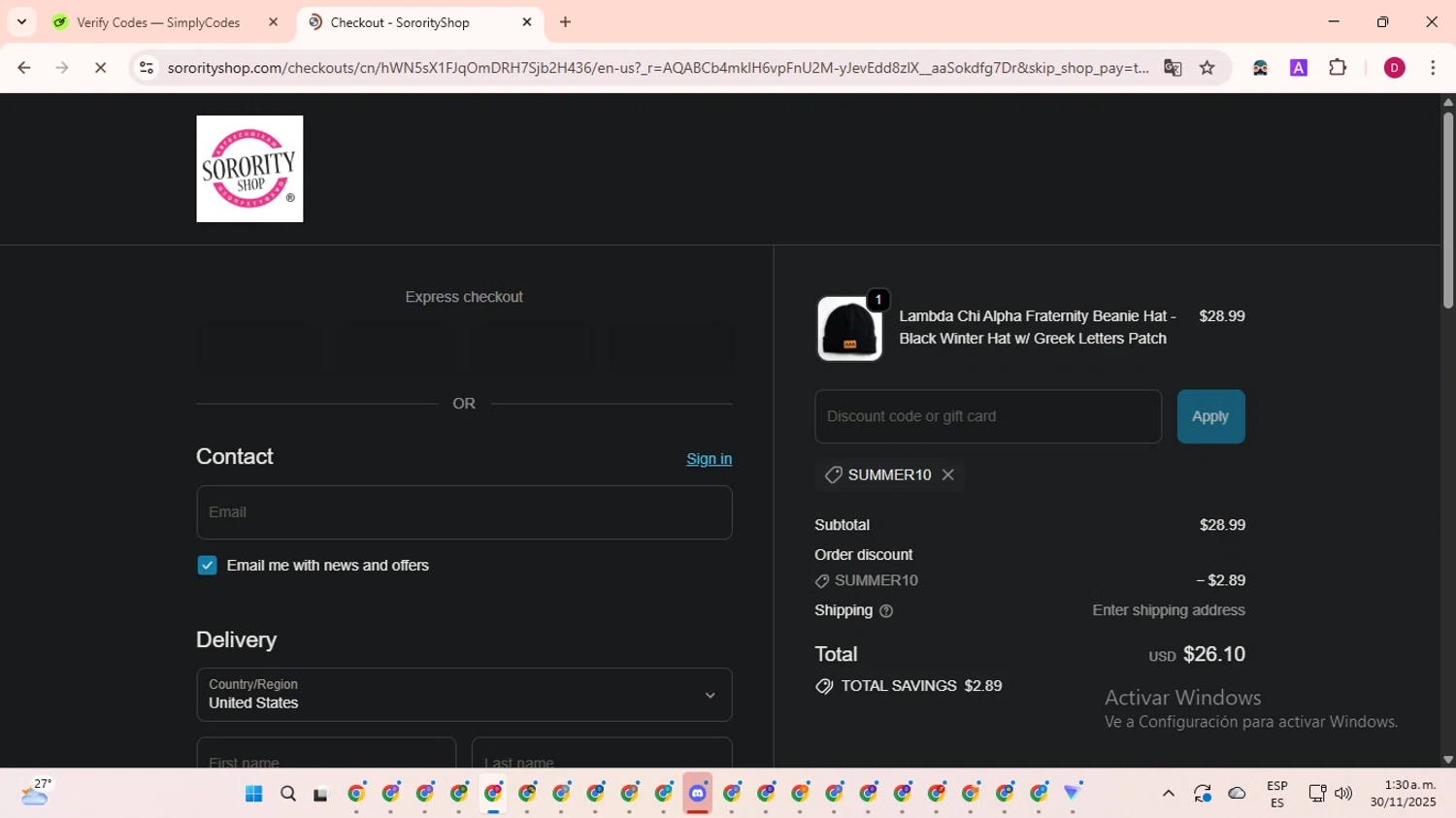 Sorority Shop promo code screenshot showing code SUMMER10 applied at Sorority Shop checkout page. Uploaded by SimplyCodes community member EpicSaver9948 on Nov 30, 2025