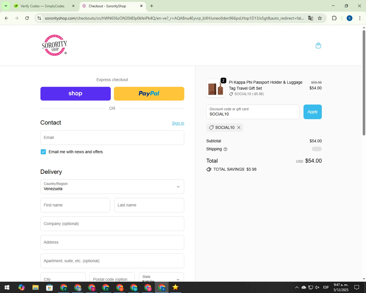 Sorority Shop promo code screenshot showing code SOCIAL10 applied at Sorority Shop checkout page. Uploaded by SimplyCodes community member 00000007 on Dec 5, 2025