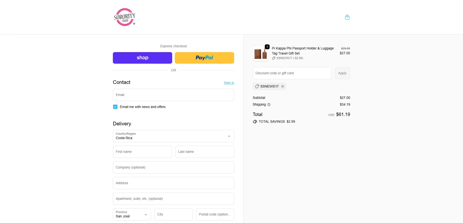 Sorority Shop promo code screenshot showing code SSNEWS17 applied at Sorority Shop checkout page. Uploaded by SimplyCodes community member Dorothy on Nov 7, 2025