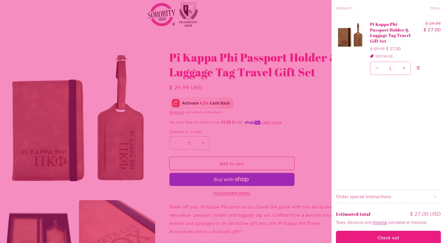 Sorority Shop promo code screenshot showing code SOCIAL10 applied at Sorority Shop checkout page. Uploaded by SimplyCodes community member Dorothy on Nov 10, 2025