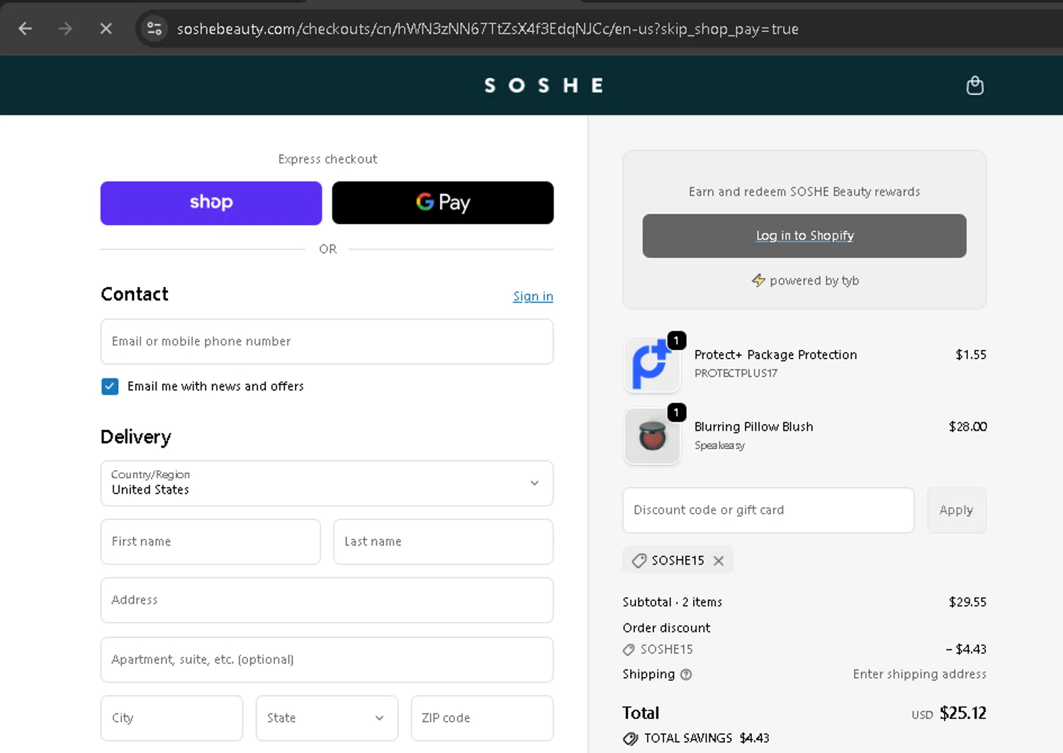 SOSHE Beauty promo code screenshot showing code SOSHE15 applied at SOSHE Beauty checkout page. Uploaded by SimplyCodes community member BonusPro7395 on Oct 11, 2025