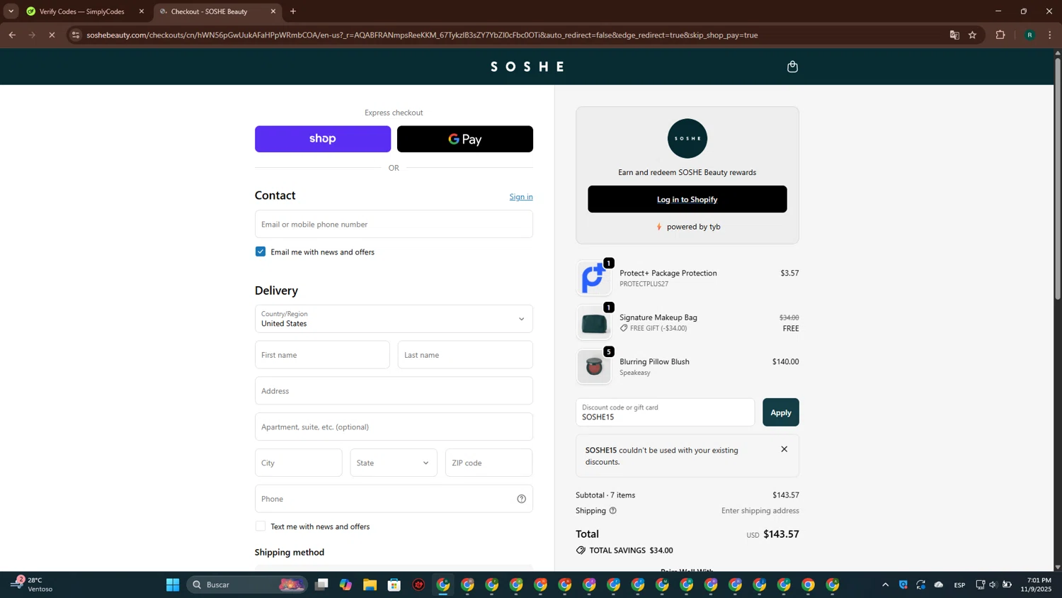 SOSHE Beauty promo code screenshot showing code SOSHE15 applied at SOSHE Beauty checkout page. Uploaded by SimplyCodes community member ScanPioneer7706 on Nov 9, 2025