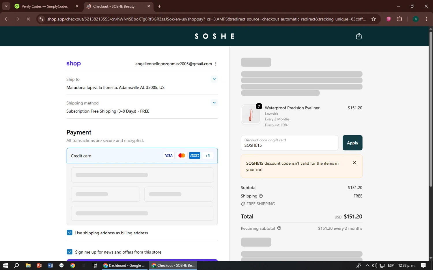 SOSHE Beauty promo code screenshot showing code SOSHE15 applied at SOSHE Beauty checkout page. Uploaded by SimplyCodes community member zizu55 on Oct 23, 2025