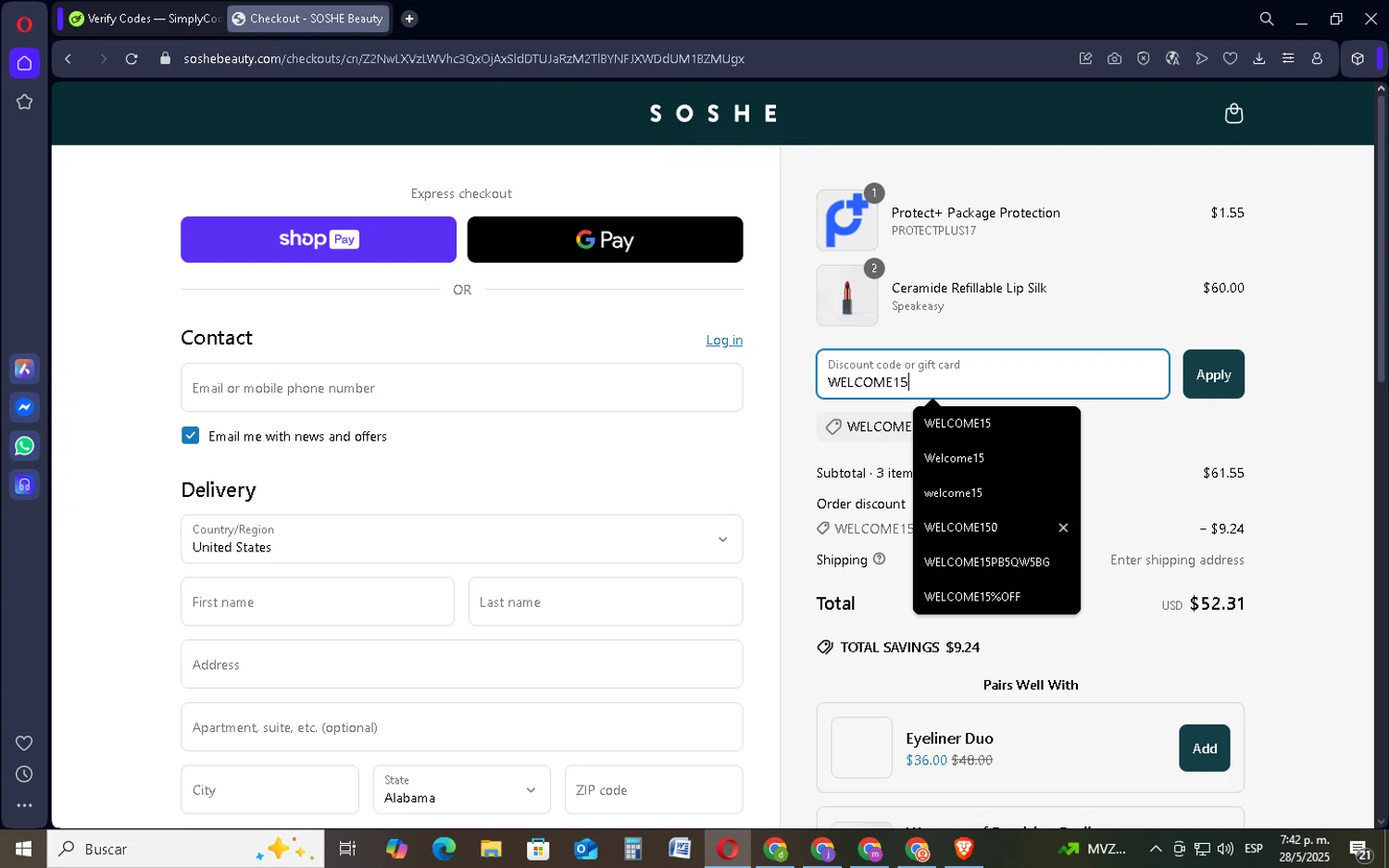 SOSHE Beauty promo code screenshot showing code WELCOME15 applied at SOSHE Beauty checkout page. Uploaded by SimplyCodes community member RebateCollector5909 on May 28, 2025