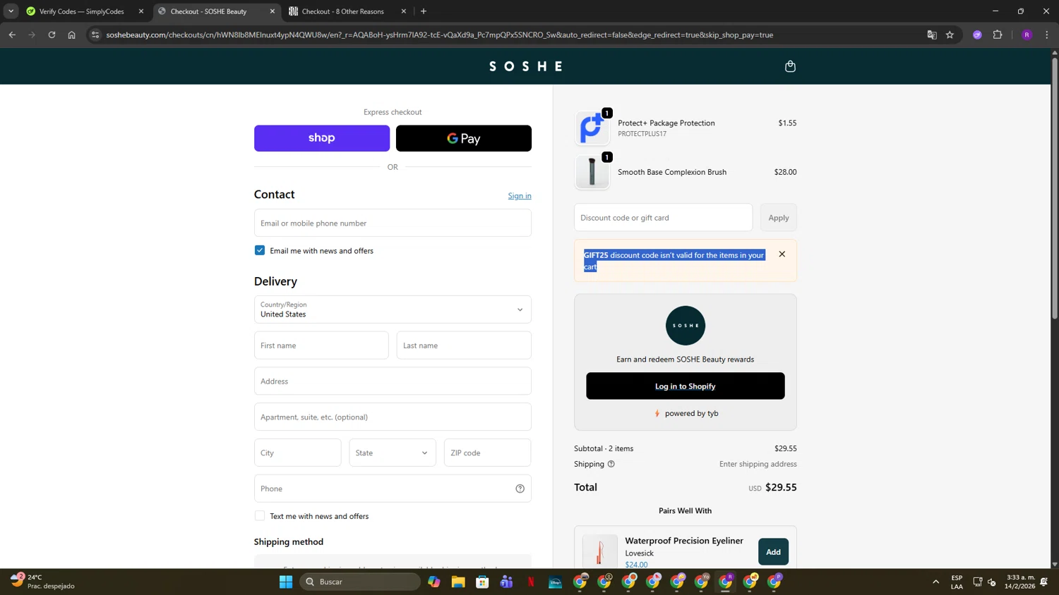 SOSHE Beauty checkout page showing SOSHE Beauty promo code box | Screenshot taken by SimplyCodes community member on Feb 14, 2026
