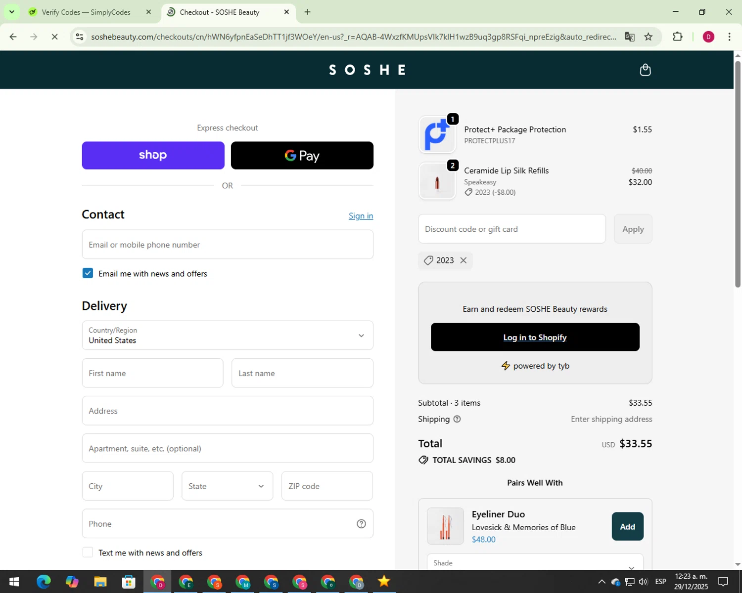 SOSHE Beauty promo code screenshot showing code 2023 applied at SOSHE Beauty checkout page. Uploaded by SimplyCodes community member 000012 on Dec 29, 2025
