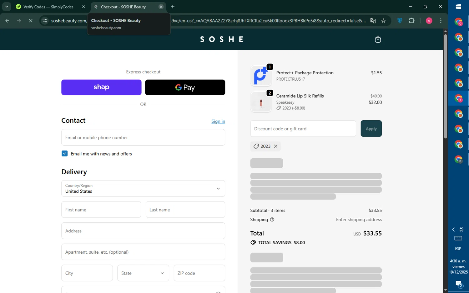 SOSHE Beauty promo code screenshot showing code 2023 applied at SOSHE Beauty checkout page. Uploaded by SimplyCodes community member RebateNavigator926 on Dec 19, 2025