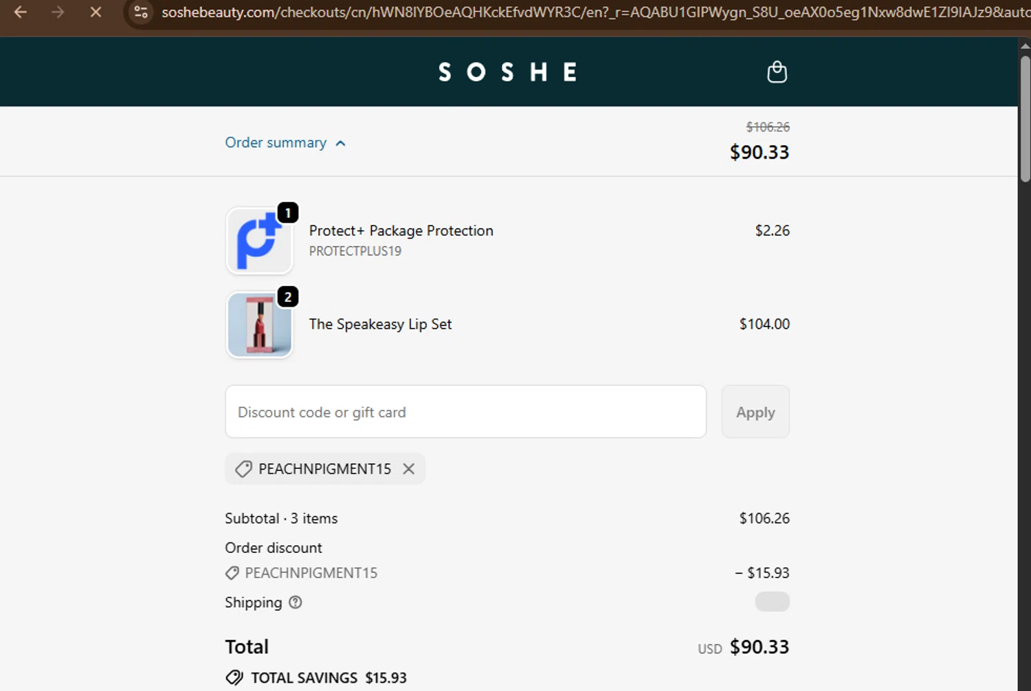 SOSHE Beauty checkout page showing SOSHE Beauty promo code box | Screenshot taken by SimplyCodes community member on Feb 14, 2026
