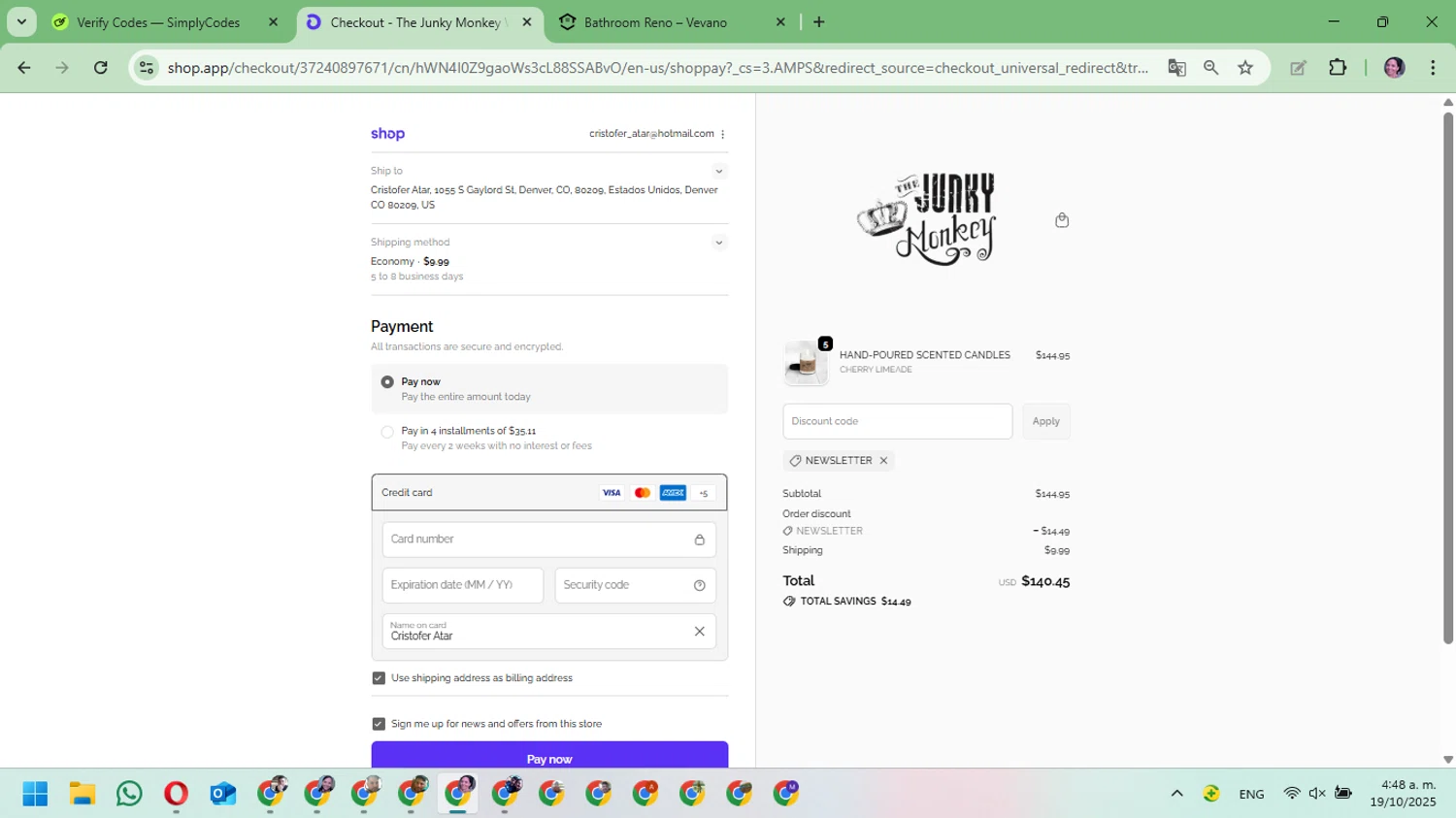 SOSHE Beauty promo code screenshot showing code CATHERINE15 applied at SOSHE Beauty checkout page. Uploaded by SimplyCodes community member Mari_perez on Oct 19, 2025