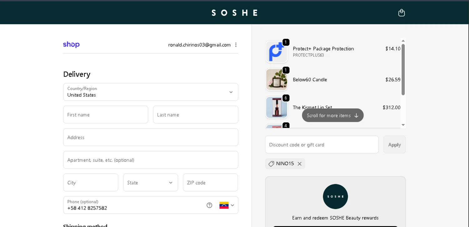 SOSHE Beauty promo code screenshot showing code NINO15 applied at SOSHE Beauty checkout page. Uploaded by SimplyCodes community member DiscountHero6246 on Dec 11, 2025
