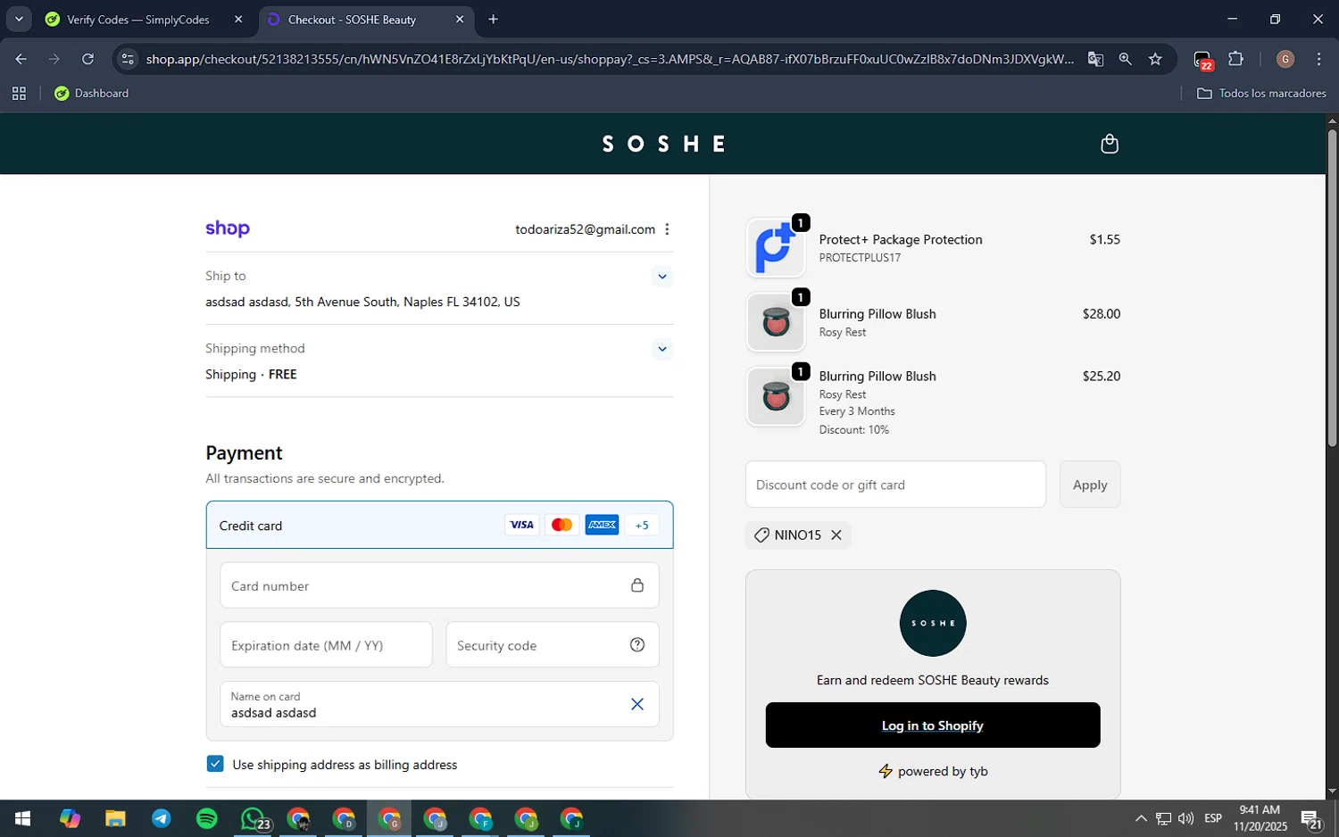 SOSHE Beauty promo code screenshot showing code NINO15 applied at SOSHE Beauty checkout page. Uploaded by SimplyCodes community member EpicTiger3556 on Nov 20, 2025