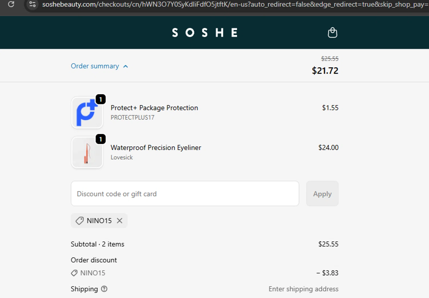 SOSHE Beauty promo code screenshot showing code NINO15 applied at SOSHE Beauty checkout page. Uploaded by SimplyCodes community member ExtraordinarySleuth3936 on Sep 25, 2025