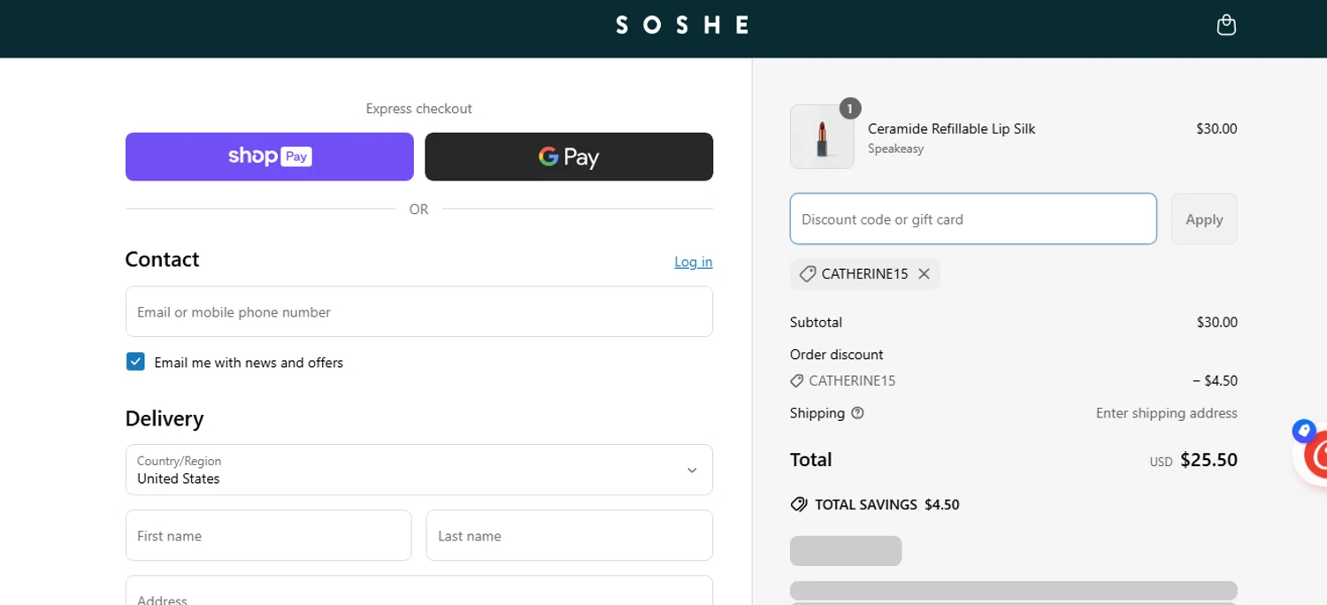 SOSHE Beauty promo code screenshot showing code CATHERINE15 applied at SOSHE Beauty checkout page. Uploaded by SimplyCodes community member shark12 on Apr 21, 2025