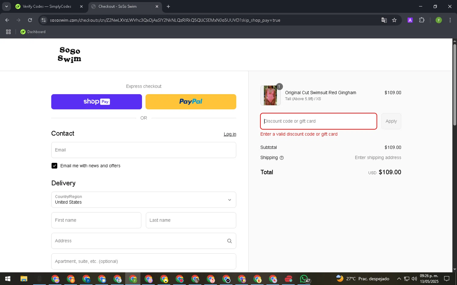 SoSo Swim discount code screenshot showing code SHARESOSO applied at SoSo Swim checkout page. Uploaded by SimplyCodes community member SalePioneer1064 on May 14, 2025