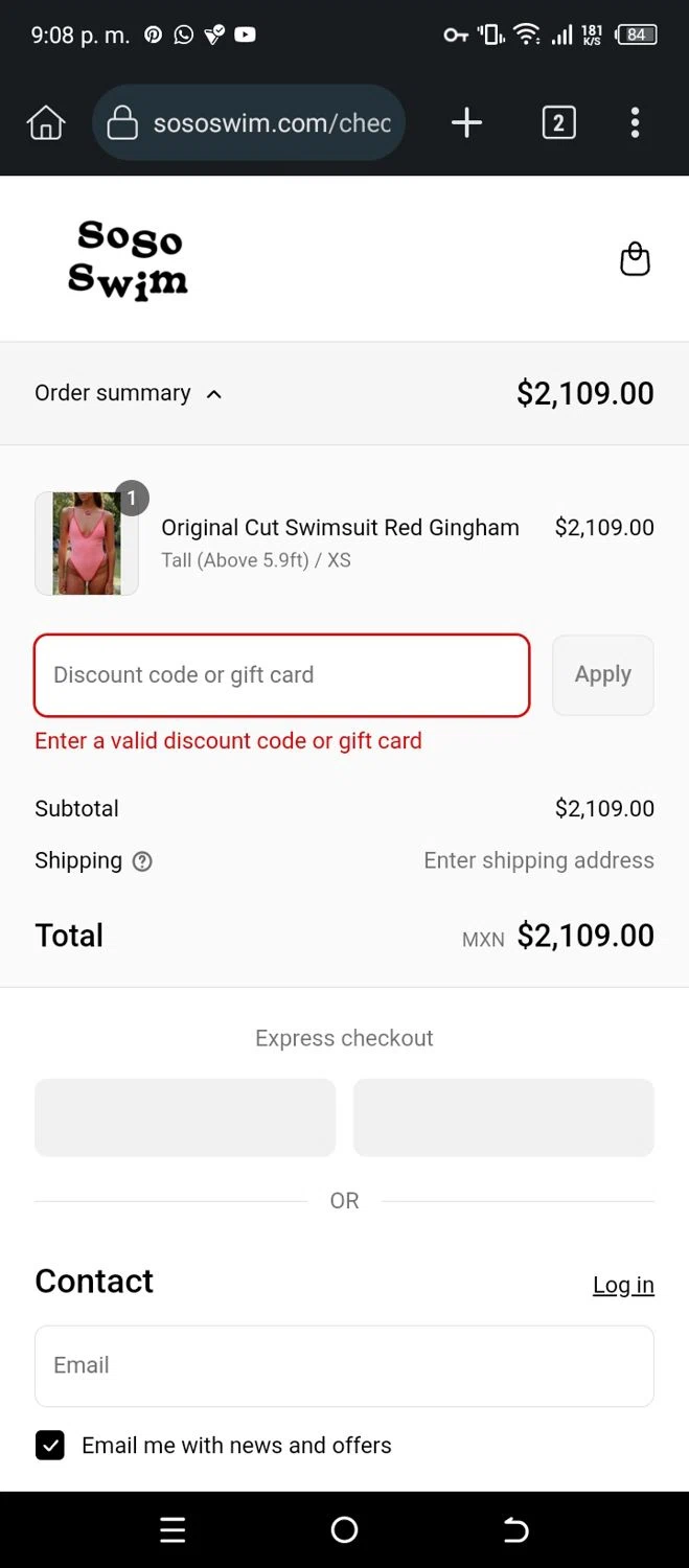 SoSo Swim discount code screenshot showing code SHARESOSO applied at SoSo Swim checkout page. Uploaded by SimplyCodes community member CleverSleuth6613 on May 14, 2025