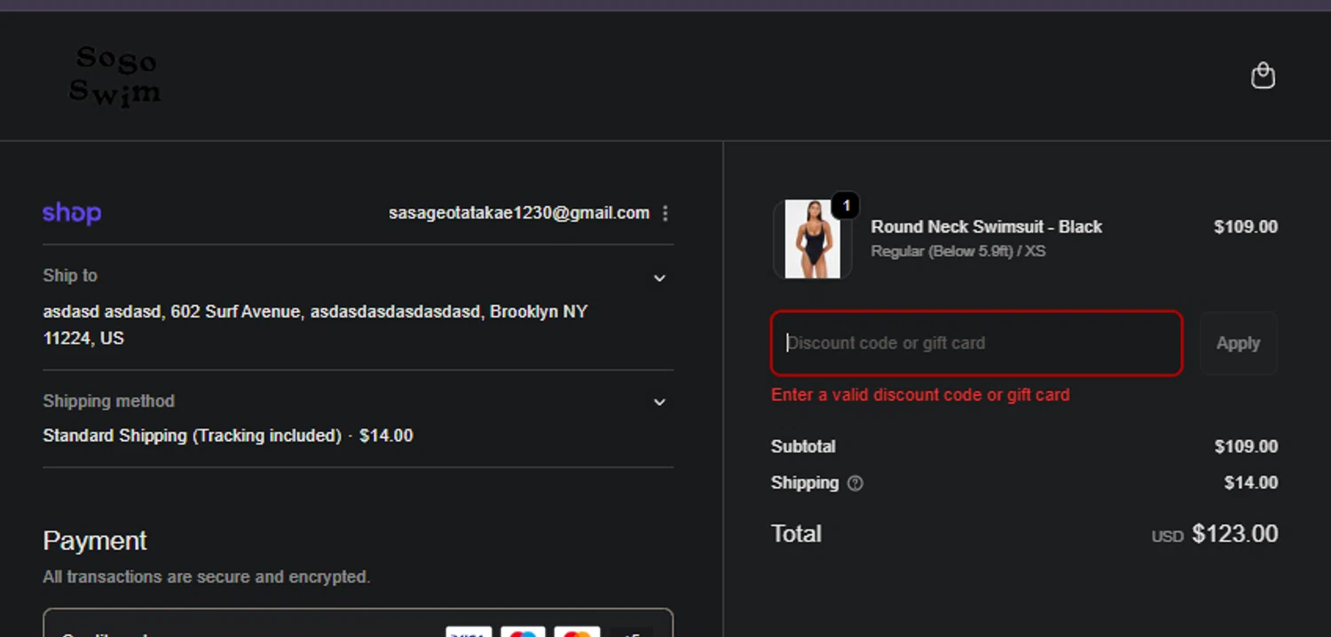 SoSo Swim discount code screenshot showing code GIFTCARDWITH15%OFF applied at SoSo Swim checkout page. Uploaded by SimplyCodes community member FIREINTHEHOLE on Dec 8, 2025