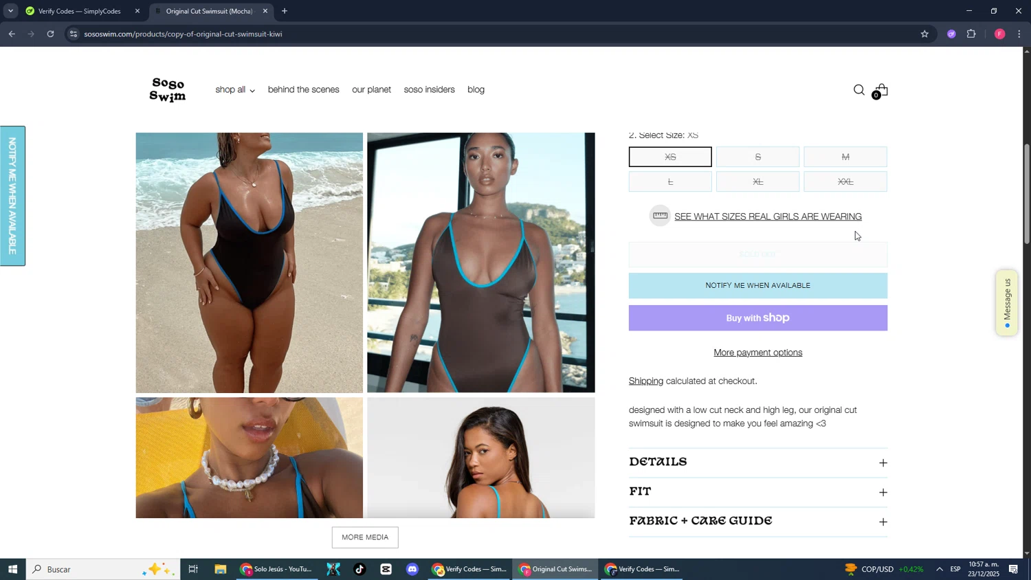 SoSo Swim discount code screenshot showing code 33 applied at SoSo Swim checkout page. Uploaded by SimplyCodes community member CleverMonarch1744 on Dec 23, 2025