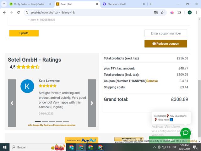 Sotel checkout page showing Sotel discount code box | Screenshot taken by SimplyCodes community member on Oct 31, 2024