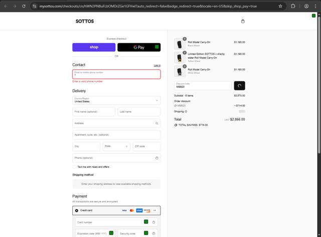 SOTTOS checkout page showing SOTTOS promo code box | Screenshot taken by SimplyCodes community member on Aug 30, 2025