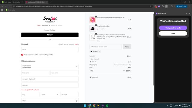Soufeel checkout page showing Soufeel coupon code box | Screenshot taken by SimplyCodes community member on Aug 27, 2025