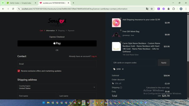 Soufeel checkout page showing Soufeel coupon code box | Screenshot taken by SimplyCodes community member on Aug 28, 2025