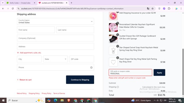 Soufeel checkout page showing Soufeel coupon code box | Screenshot taken by SimplyCodes community member on Aug 29, 2025