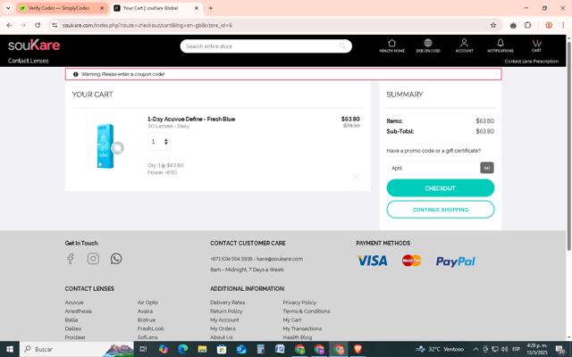 souKare checkout page showing souKare promo code box | Screenshot taken by SimplyCodes community member on May 13, 2025