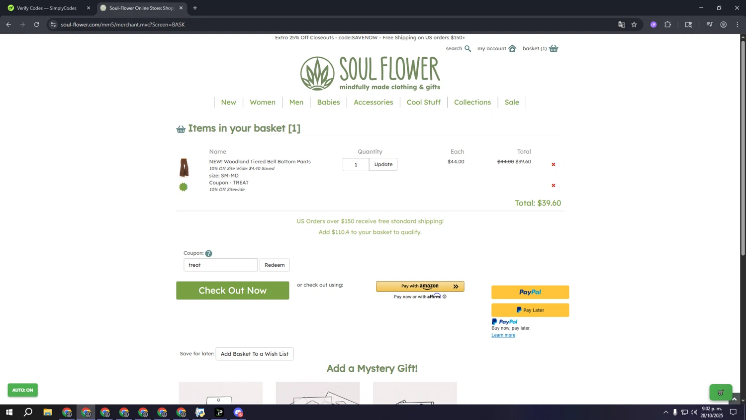 Soul Flower checkout page showing Soul Flower promo code box | Screenshot taken by SimplyCodes community member on Oct 29, 2025