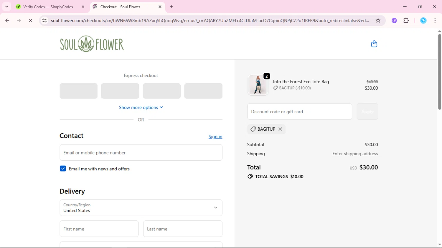 Soul Flower promo code screenshot showing code BAGITUP applied at Soul Flower checkout page. Uploaded by SimplyCodes community member fabianmartinez on Dec 5, 2025
