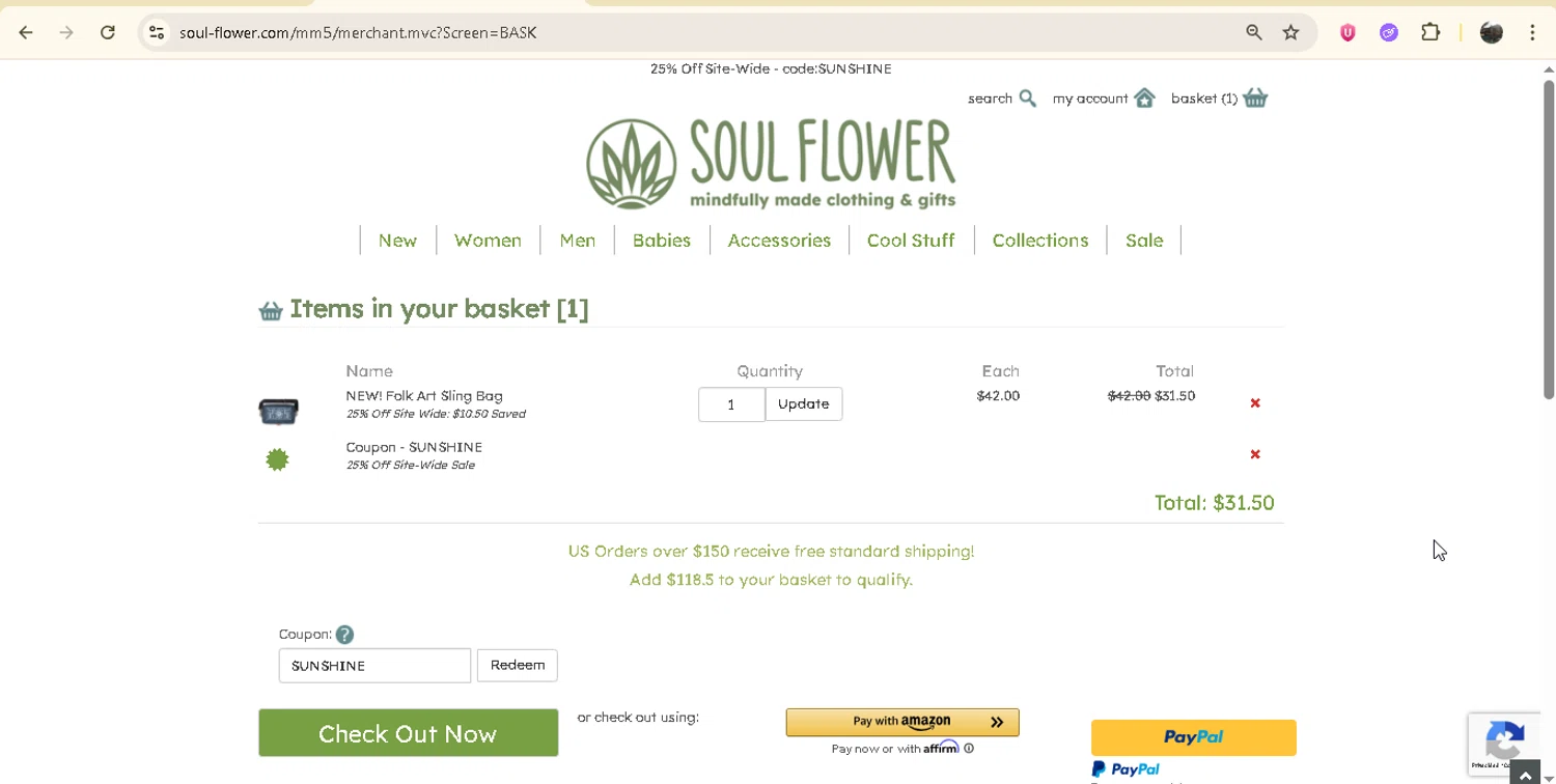 Soul Flower checkout page showing Soul Flower promo code box | Screenshot taken by SimplyCodes community member on Jun 22, 2025