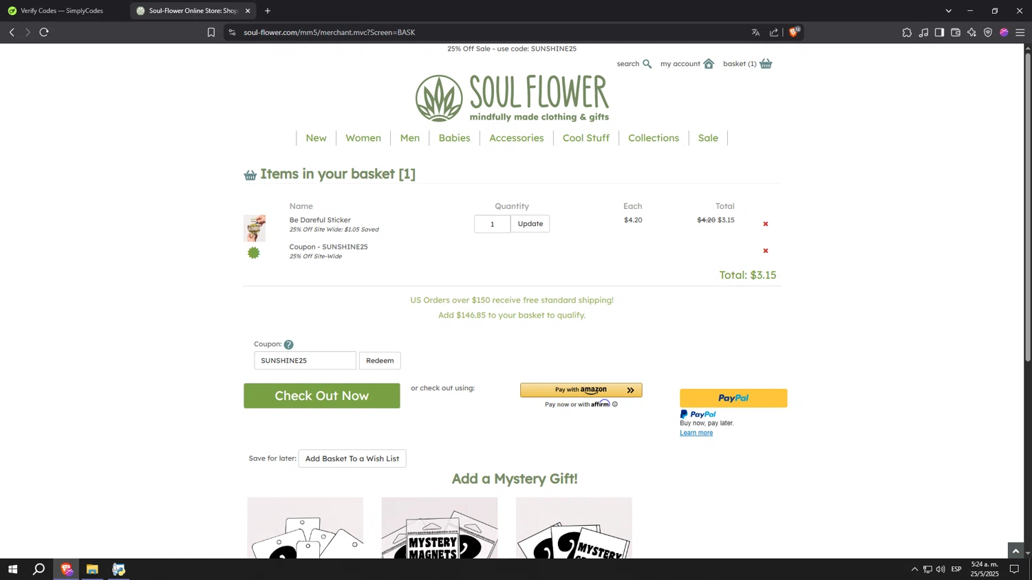 Soul Flower checkout page showing Soul Flower promo code box | Screenshot taken by SimplyCodes community member on May 25, 2025