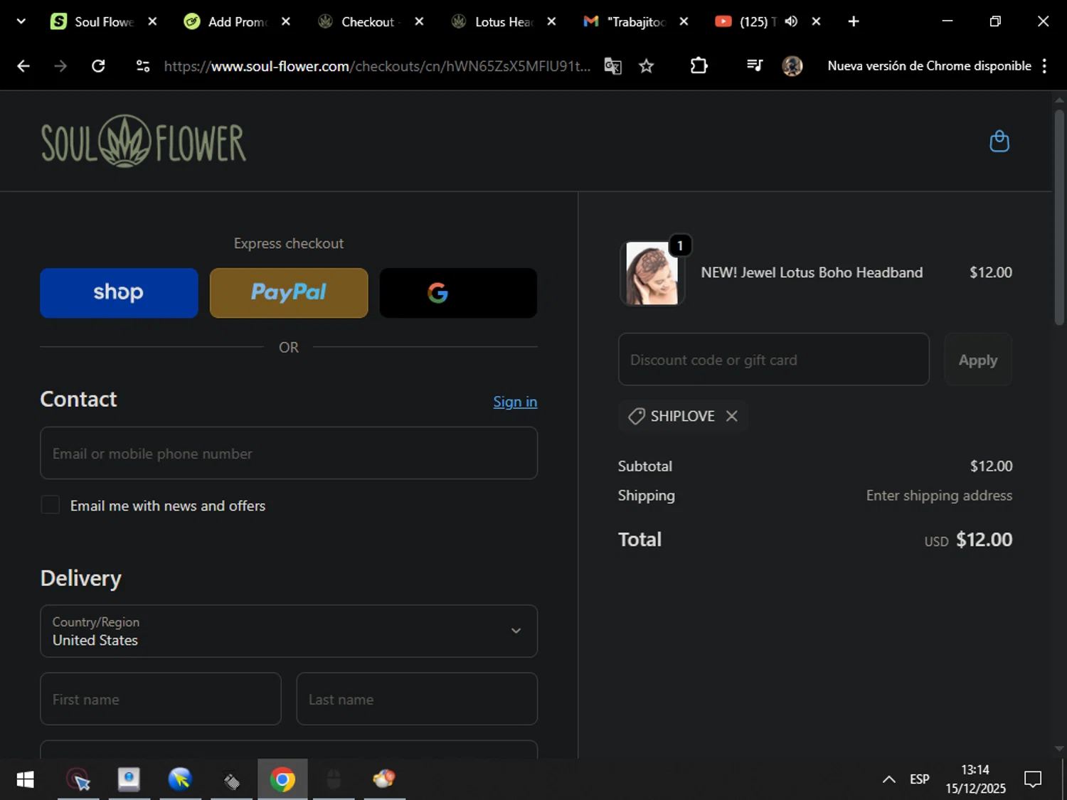Soul Flower promo code screenshot showing code SHIPLOVE applied at Soul Flower checkout page. Uploaded by SimplyCodes community member MarcosAranguren on Dec 15, 2025