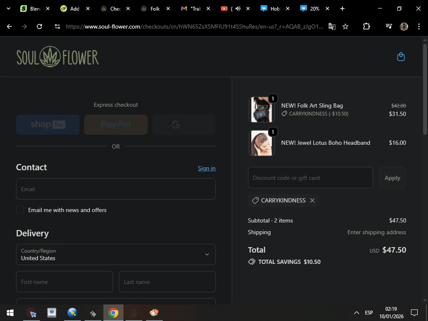 Soul Flower promo code screenshot showing code CARRYKINDNESS applied at Soul Flower checkout page. Uploaded by SimplyCodes community member MarcosAranguren on Jan 10, 2026